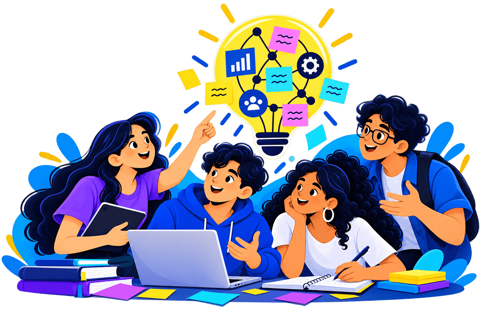 Grupo diverso de estudiantes creando una solución alrededor de una computadora